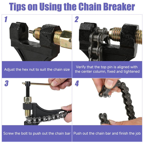 Motorcycle chain breaker tool tips infographic showing bolt adjustment, pin alignment, and chain removal.