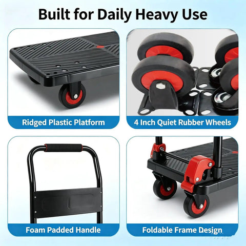 Heavy Duty Folding Platform Hand Truck With Foldable Handle, Flatbed Dolly Cart With Silent Wheels, Workhorse Portable Moving Trolley For Warehouse, Office, Home And Luggage, Easy Storage, 73 By 47 black platform cart with red wheels and foldable handle