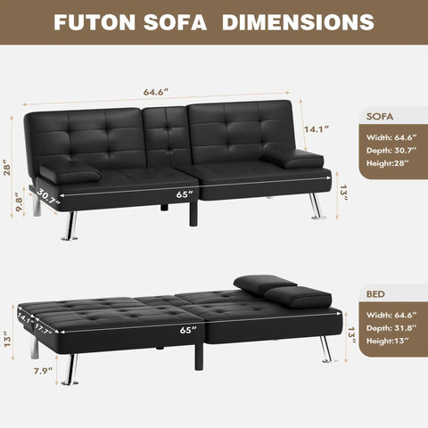 Ultra Comfy Leather Look Futon Sofa Bed dimensions showing sofa and bed positions with removable armrests and chrome legs