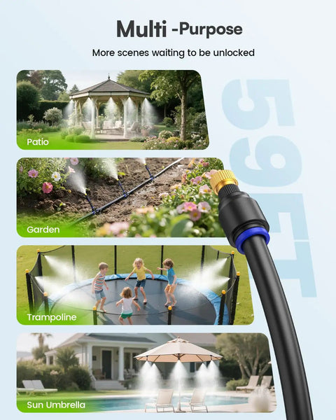 Outdoor Misting System Kit With Water Filter, 59 Ft Misting Line And 17 Premium Nozzles used on patio, garden, trampoline, umbrella
