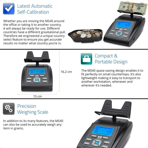 MS40 Bill And Coin Counting Scale For Fast Cash Drawer Counts And Currency Weighing Machine That Totals Value And Quantity Counts Bills Coins Rolls Bags And Bundles In Minutes showing display and buttons
