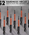 Front view of 10-piece triangle screwdriver bit set in orange S2 steel with magnetic tips, 2.56 inch, 1/4 hex shank