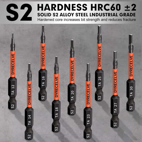 Front view of 10-piece triangle screwdriver bit set in orange S2 steel with magnetic tips, 2.56 inch, 1/4 hex shank