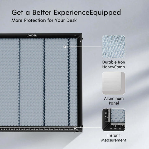 Longer Honeycomb Laser Bed kit with iron honeycomb surface, aluminum panel, and bottom ruler, 15.7 x 15.7 in.