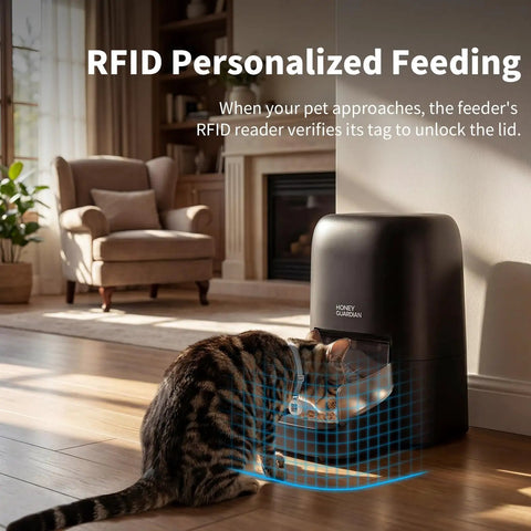 Cat using RFID Enabled Cat Feeder With Collar Tag And No Fuss App Control, 4.6L Capacity, 5G WiFi Connectivity in living room.