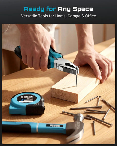 Person using pliers from 21V Cordless Drill Tool Kit With 190 Piece Power Tool Set Pro Grade Includes Hammer Pliers Wrenches And Toolbox Electric Drill Driver For Home DIY Heavy Duty Projects Furniture Assembly And General Handyman Tasks