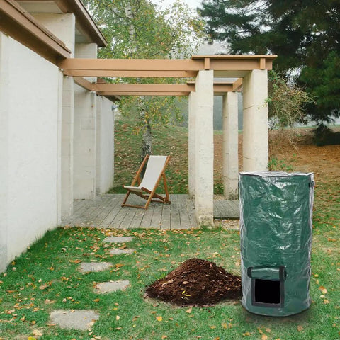 Large 34 Gallon Collapsible Garden Compost Bin With Lid For Yard Waste And Kitchen Scraps Durable Thick Polyethylene Tumbler Bin in outdoor setting