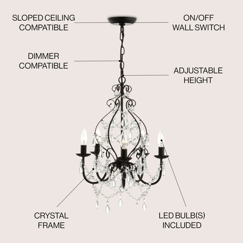 Black 17 Inch 5 Light Crystal And Metal Chandelier With Traditional Cascading Beads Adjustable Chain For Dining Room Or Entryway UL Listed Energy Saving LED Bulbs Included, full view with labeled features.