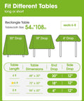 Fit Different Tables showing dimensions for No Drama Cleanup Disposable Plastic Tablecloths Rectangle Table Cover 54X108 Inches.
