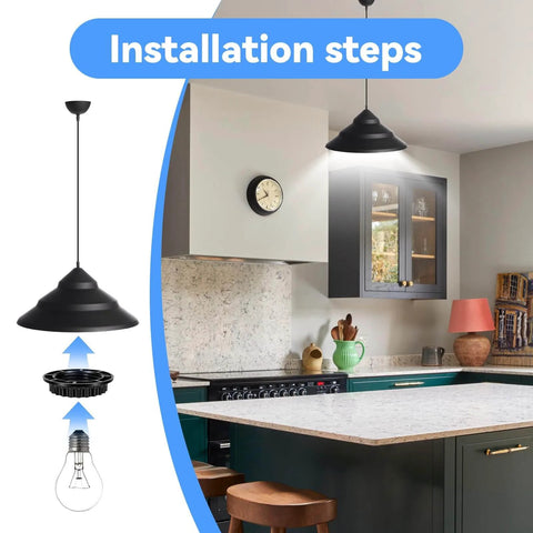 Installation illustration for 12 Pack E26 E27 Lamp Shade Rings Replacement Kit in a kitchen with pendant light above a countertop.