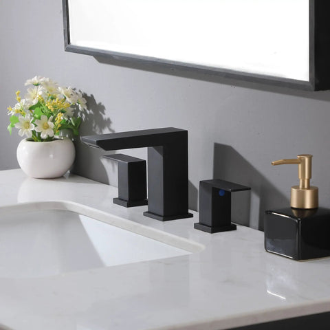 Brushed Nickel 3 Hole Bathroom Faucet With Two Handles 8 Inch Modern Vanity Sink Fixture on marble counter with decor