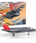 F-35A Lightning II Model Kit 1 To 72 Scale With 143 Parts box and assembled model showcasing detailed cockpit and pilot