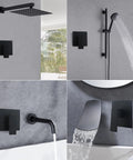 Matte black shower valve trim kit with 5.3in cover plate; wall-mount handle, rain head, handheld shower, tub spout.