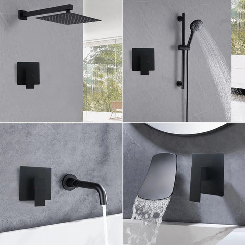 Matte black shower valve trim kit with 5.3in cover plate; wall-mount handle, rain head, handheld shower, tub spout.