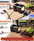 Ultra Bright Rechargeable LED Spotlight Flashlight With 1200 Lumens, 800 Meter Range, showing USB power bank feature on table
