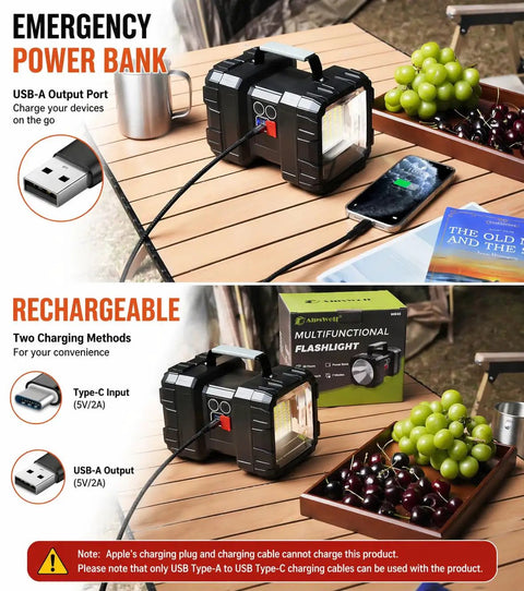 Ultra Bright Rechargeable LED Spotlight Flashlight With 1200 Lumens, 800 Meter Range, showing USB power bank feature on table