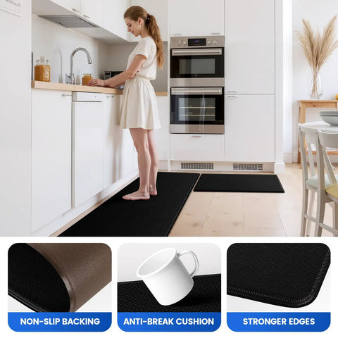 Non Slip Anti Fatigue Kitchen Mats Set, 3 Pack, Waterproof Cushioned Floor Rugs For Standing Comfort, Easy Clean Surface, Black