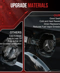 Comparison of two gas caps, highlighting benefits of Gas Cap With Two Tether Ropes For Jeep Dodge Chrysler Ram Fiat Plymouth Mitsubishi.