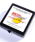 Front view of MCW Laser CO2 lens kit in black case with yellow ZnSe focal lens resting on label.