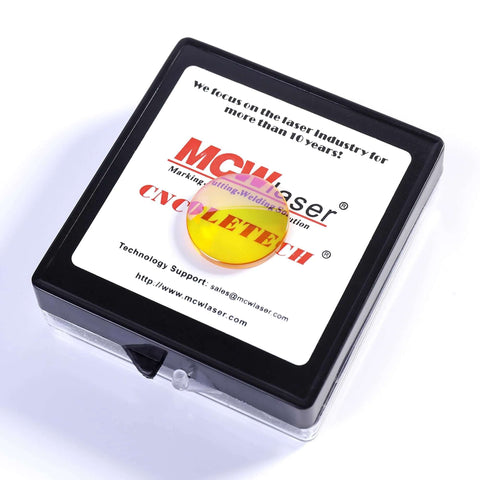Front view of MCW Laser CO2 lens kit in black case with yellow ZnSe focal lens resting on label.