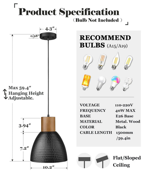 Hammered Pendant Light With Solid Wood And Metal Shade In Black Finish, product specifications and recommended bulbs shown.
