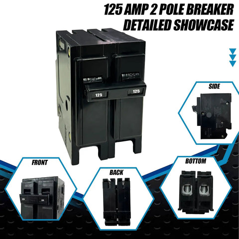 125 Amp 2 Pole Plug In Circuit Breaker For 120 And 240 Volt Built Tough Thermal Magnetic Interrupter Replaces Common 125A Breakers Compatible With Most Load Centers 2 Gang Interrupter Easy Upgrade And Reliable Protection, with multiple views showing front, side, back, and bottom.