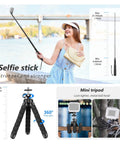 Woman using selfie stick with mini tripod; compatible with 50 In 1 Action Camera Accessory Kit Compatible With GoPro Hero 12 11 10 9 DJI Osmo Action