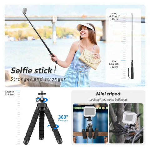 Woman using selfie stick with mini tripod; compatible with 50 In 1 Action Camera Accessory Kit Compatible With GoPro Hero 12 11 10 9 DJI Osmo Action