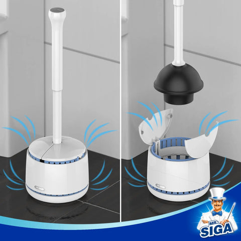 Heavy Duty Toilet Plunger With Holder, Ergonomic Handle, No Nonsense Space Saving Bathroom Setup, Ventilated Holder, White Finish