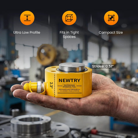 20 Ton Low Profile Hydraulic Porta Power Kit With CP180 Pump And Mini Cylinder shown in a mechanic's hand in workshop