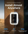 Piece Of Cake Setup Brings You Crisp 2K Wireless Security Coverage With Quick Stick Magnetic Mount on wooden post with water droplets.