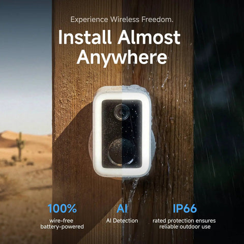 Piece Of Cake Setup Brings You Crisp 2K Wireless Security Coverage With Quick Stick Magnetic Mount on wooden post with water droplets.