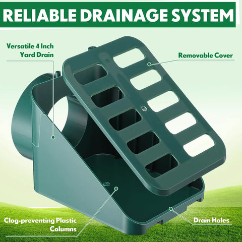 Angled Lawn Drain Grate 2 Pack, 4 Inch Green Yard Drainage Grate with removable cover and drain holes, side view