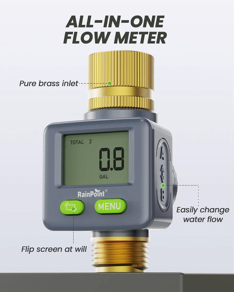 All Direction Water Flow Meter With Brass Inlet And Outlet 180 Degree Screen Flip For Easy Gallon And Liter Readouts display