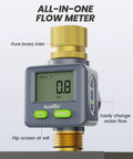 Brass Inlet And Outlet Water Flow Meter With 180 Degree Screen Flip, LCD display showing 0.8 gallons, buttons to change water flow