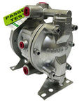 Heavy Duty 3/8 Double Air Diaphragm Pump Rock Solid Aluminum Body with red fittings for chemical and paint transfer.