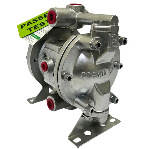 Heavy Duty 3/8 Double Air Diaphragm Pump Rock Solid Aluminum Body with red fittings for chemical and paint transfer.