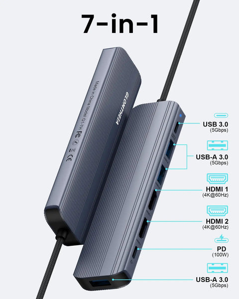 Beast 7-in-1 USB C Hub Dock For Laptops With Dual 4K HDMI 60Hz, 100W PD Pass Through, 3 USB 3.0 Ports, USB C Data Port