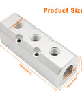 Three Way Pneumatic Manifold Air Distribution Block With Large Capacity Five Port Configuration One Half Inch NPT Supply Port And One Quarter Inch NPT Out Port Mounting Hole Aluminum Alloy Silver Finish showing dimensions