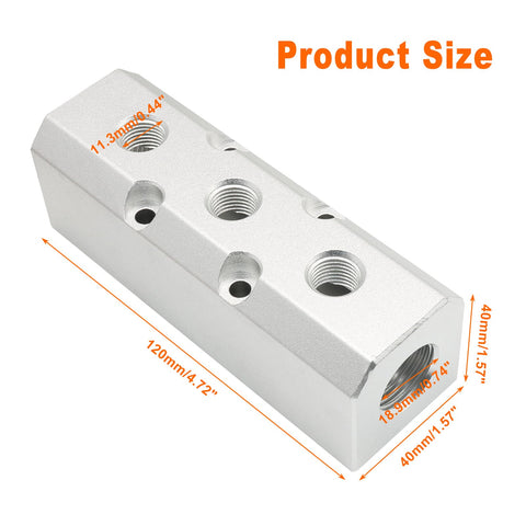 Three Way Pneumatic Manifold Air Distribution Block With Large Capacity Five Port Configuration One Half Inch NPT Supply Port And One Quarter Inch NPT Out Port Mounting Hole Aluminum Alloy Silver Finish showing dimensions