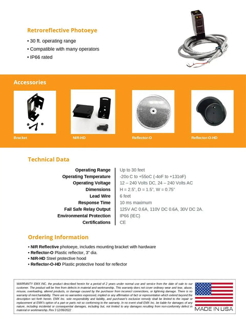 Retroreflective Photoeye Kit Sensor Reflector Hood For Gates Overhead Doors And Parking Barriers 30 Ft Range IP66 Weatherproof