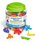 Neighborhood Wheels Math Counters For Kids With Super Cool Vehicle Designs in a jar, 72 colorful plastic pieces for sorting practice.