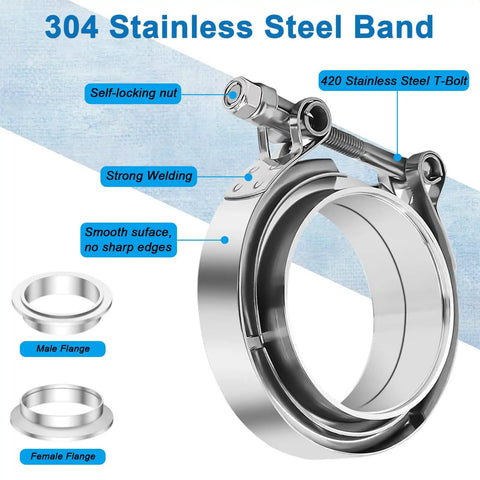 Stainless Steel 304 V Band Clamp Kit For Turbocharger Exhaust Two Pack Heavy Duty No Leak Design Fits 3.0 Inch Downpipes And Exhaust Systems Ideal For Turbo Ford Trucks And High Performance Cars showing smooth surface and strong welding.