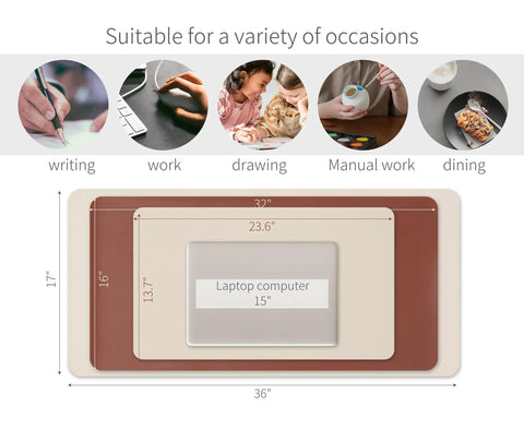 Double Sided Two Tone Faux Leather Desk Mat For Large Mouse Pad Office And Home Workspace Organizer 32 By 16 Inches, beige and brown, illustrating different uses.
