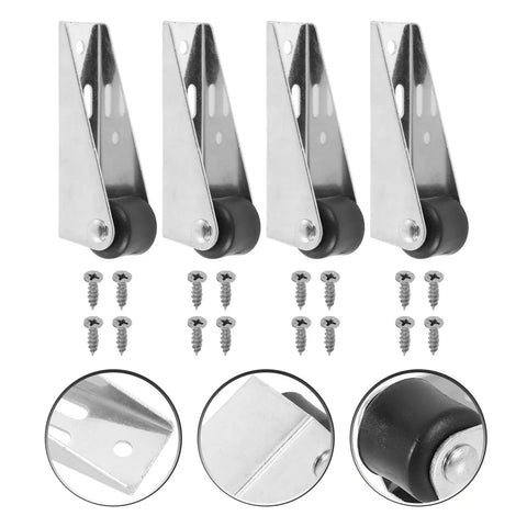 Heavy Duty Sliding Door Track Pulley Rollers With Silent Glide Nylon Wheels Built Damn Tough For Cabinet Wardrobe Hardware And Closet Bottom Support Replacement 4 Pack with silver iron frame and nylon wheels.