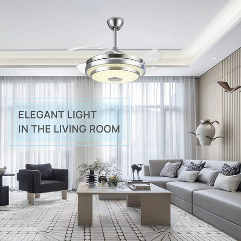 42 Inch Modern Retractable Ceiling Fan With Remote And Smart Bluetooth App Control Dimmable RGB Lights 6 Speeds Nickel Finish
