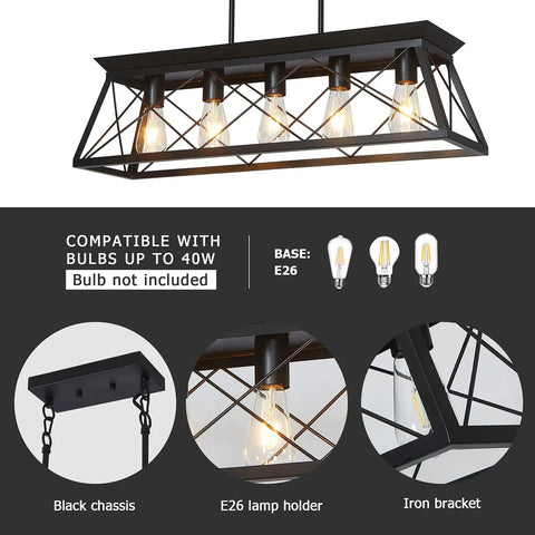 Five Light Farmhouse Pendant Ceiling Fixture For Dining Room Over Table And Kitchen Island Modern Black Chandelier