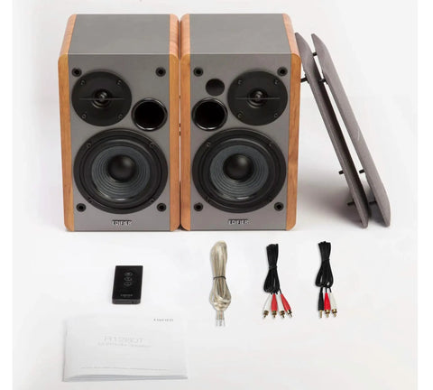 R1280T Powered Bookshelf Speakers with 2 Channel Near Field Studio Monitor Sound Wooden Enclosure 42 Watts RMS and accessories