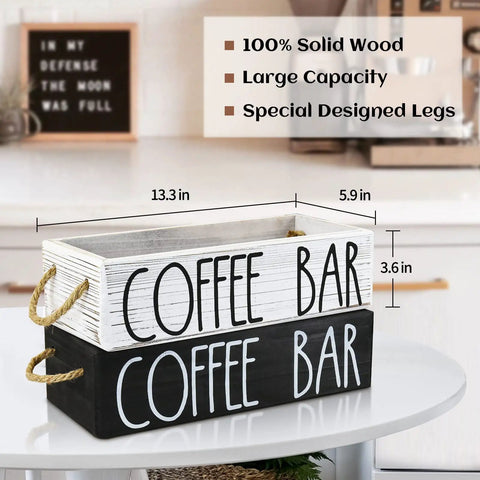 Rustic Wood Coffee Bar Organizer For Countertop With K Cup Holder And Pod Storage, white and black wood, on kitchen counter.