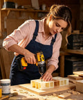 Woman using 21V Cordless Drill And Screwdriver Combo Offers Beast Mode Power For Serious Homeowners in workshop.